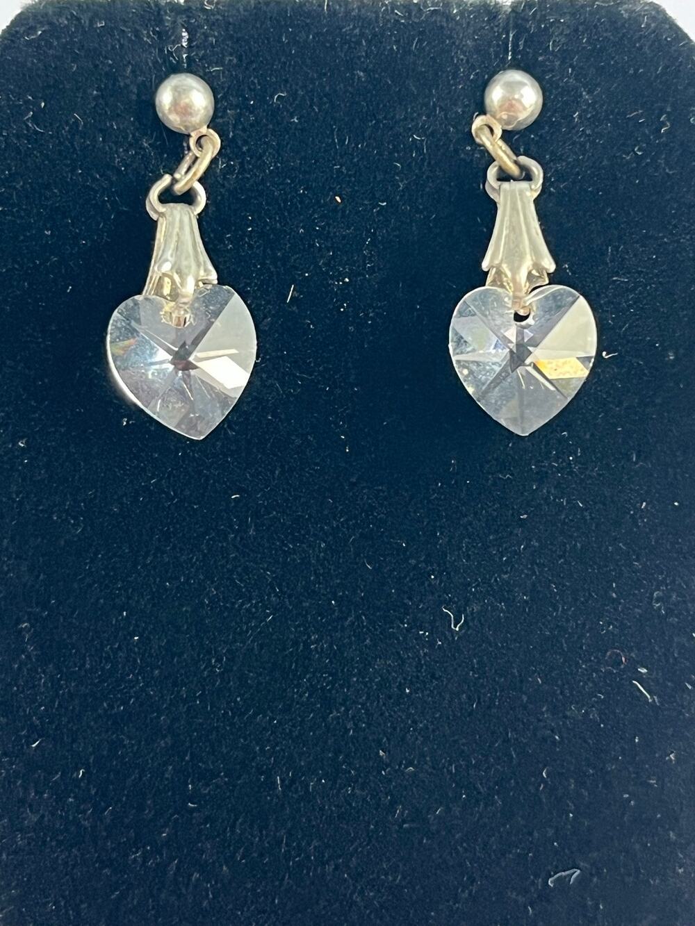 VTG Y2K Crystal Heart Drop Earrings Silver Tone Dainty Bridal Prom Sparkly